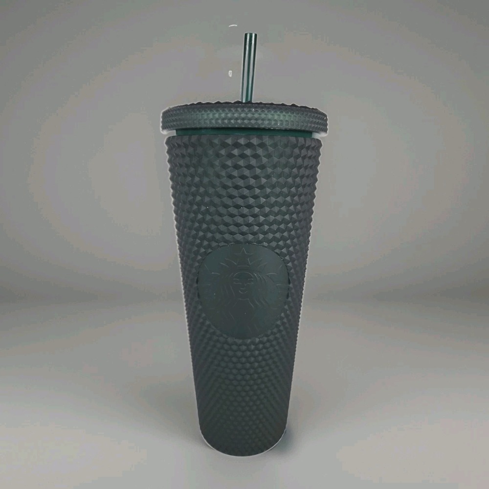 2019 Starbucks Matte Dark Green/Black Studded Cold Cup Venti 24oz Goth Straw EUC
